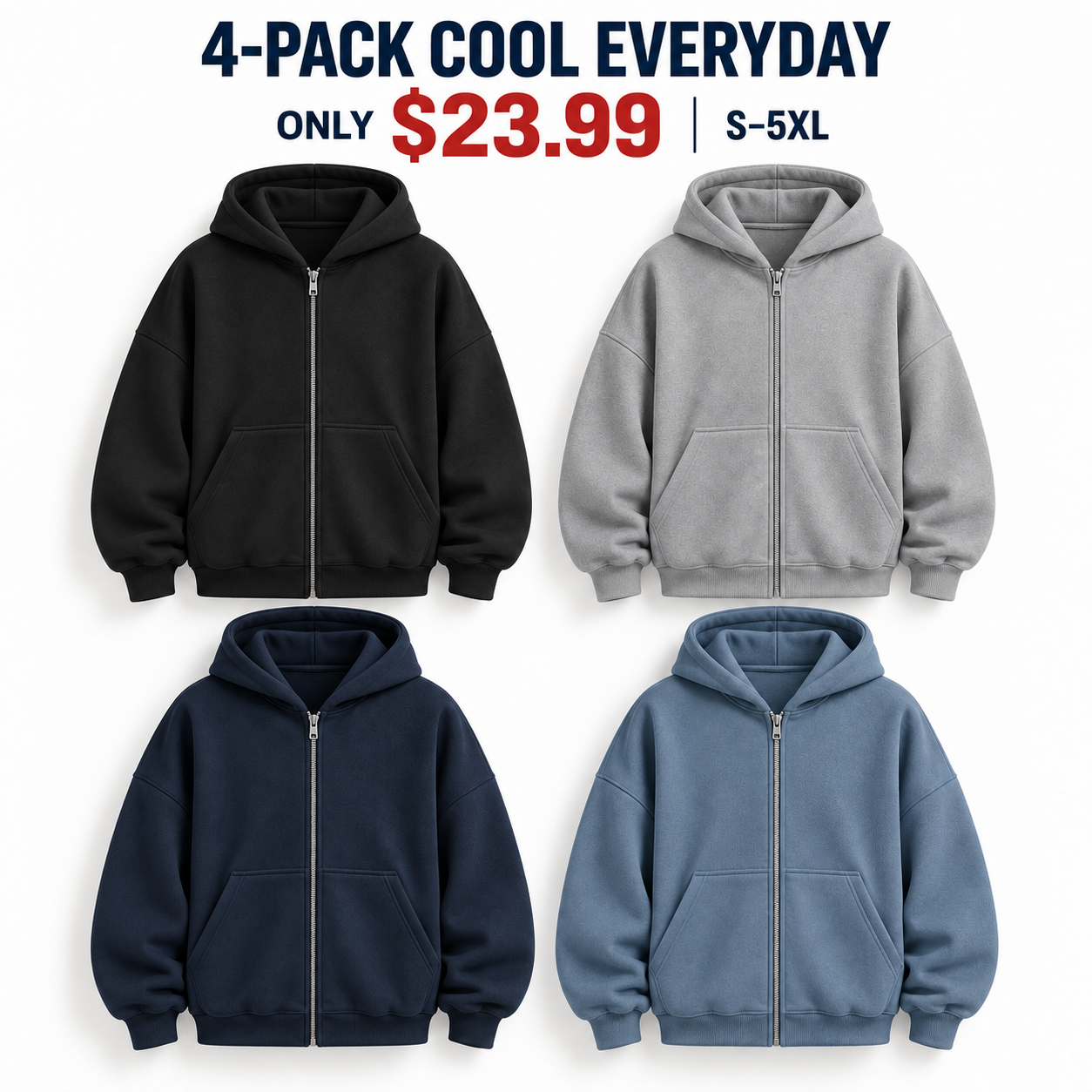 Four heavyweight full-zip hoodies in Cool Everyday colors, 4-Pack $23.99
