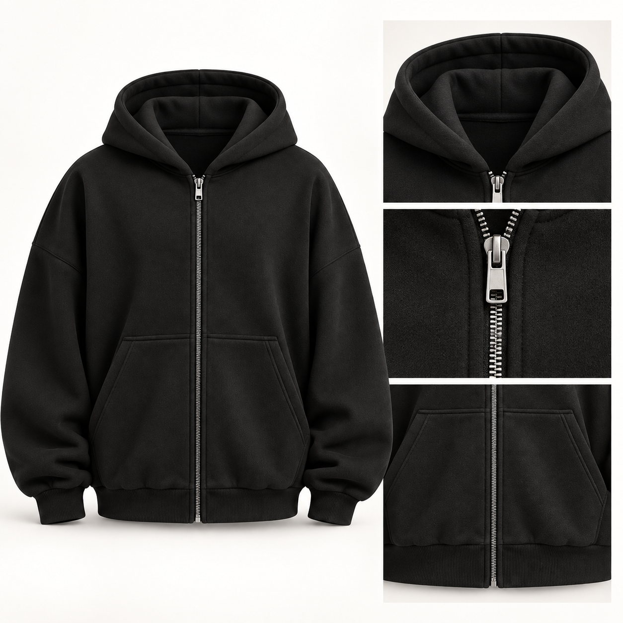 Double-layer hood, silver zipper, split kangaroo pockets, rib cuffs and hem construction