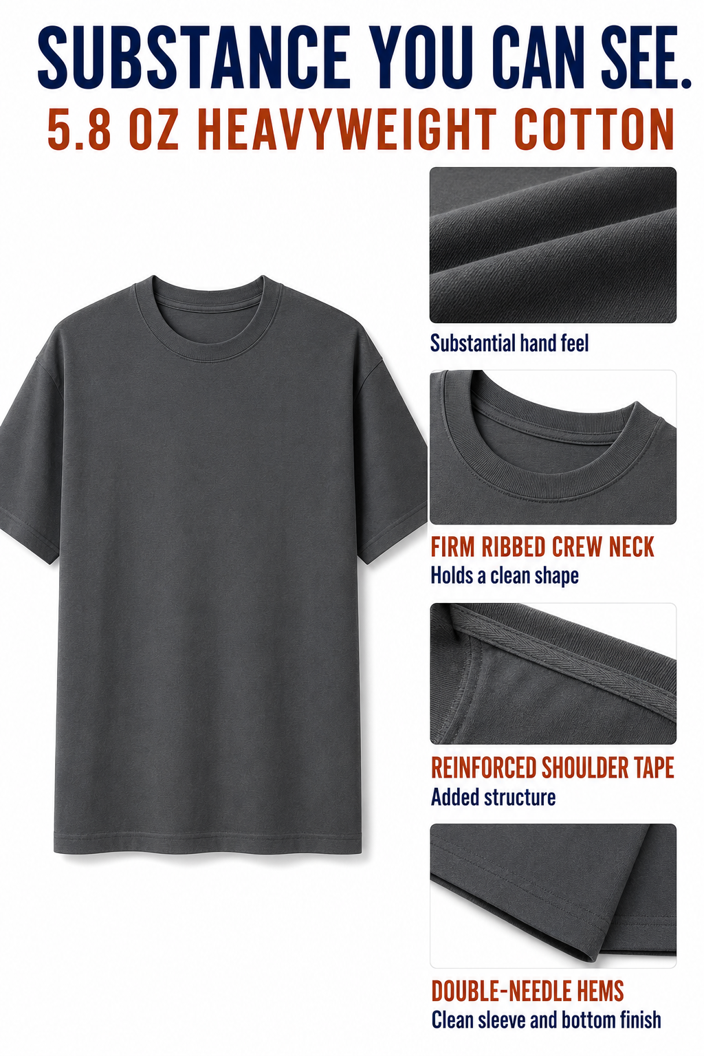 Heavyweight cotton collar shoulder tape and double-needle construction