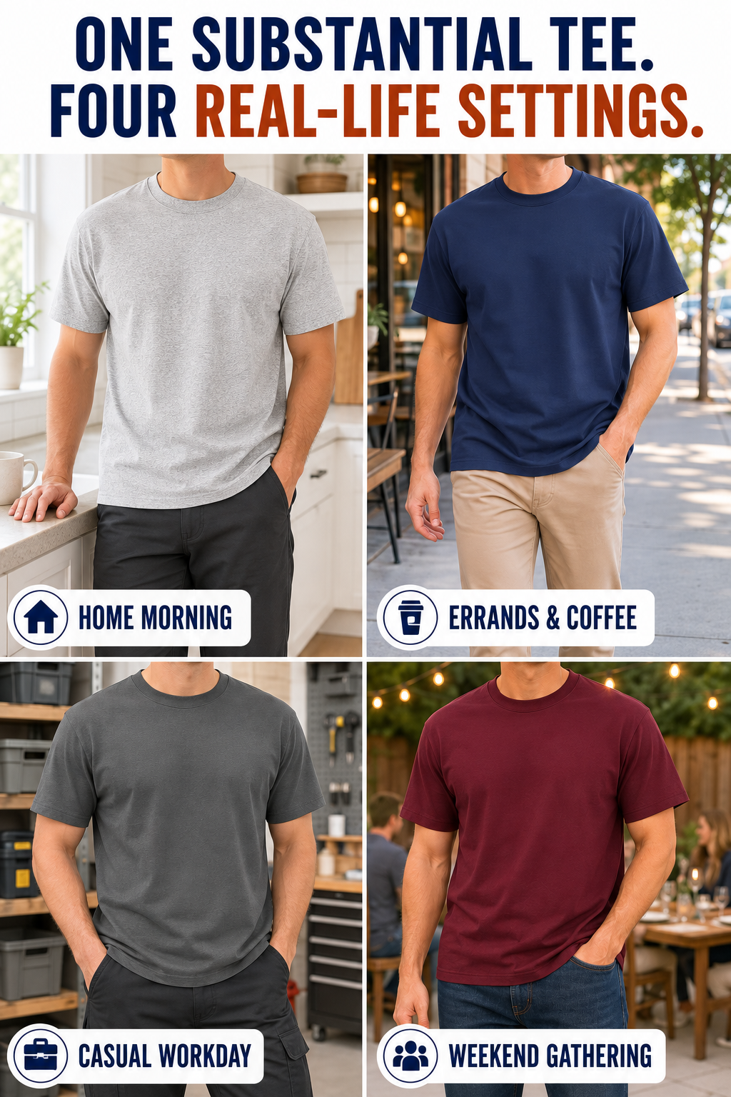 Heavyweight relaxed T-shirt in four real-life settings
