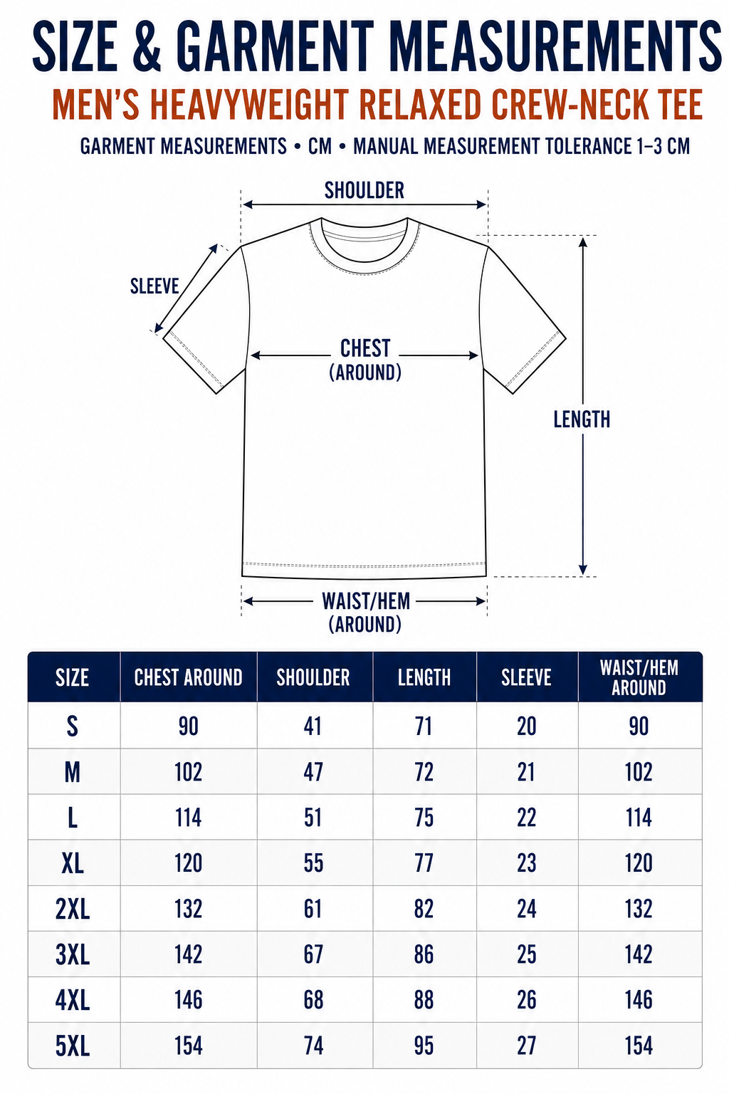 Heavyweight relaxed crew-neck T-shirt garment measurements S through 5XL