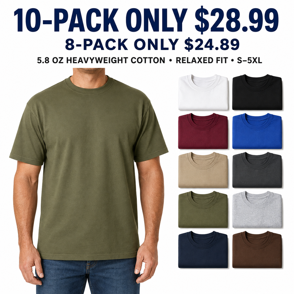 Heavyweight relaxed crew-neck T-shirt multipacks — 10-PACK ONLY $28.99 and 8-PACK ONLY $24.89