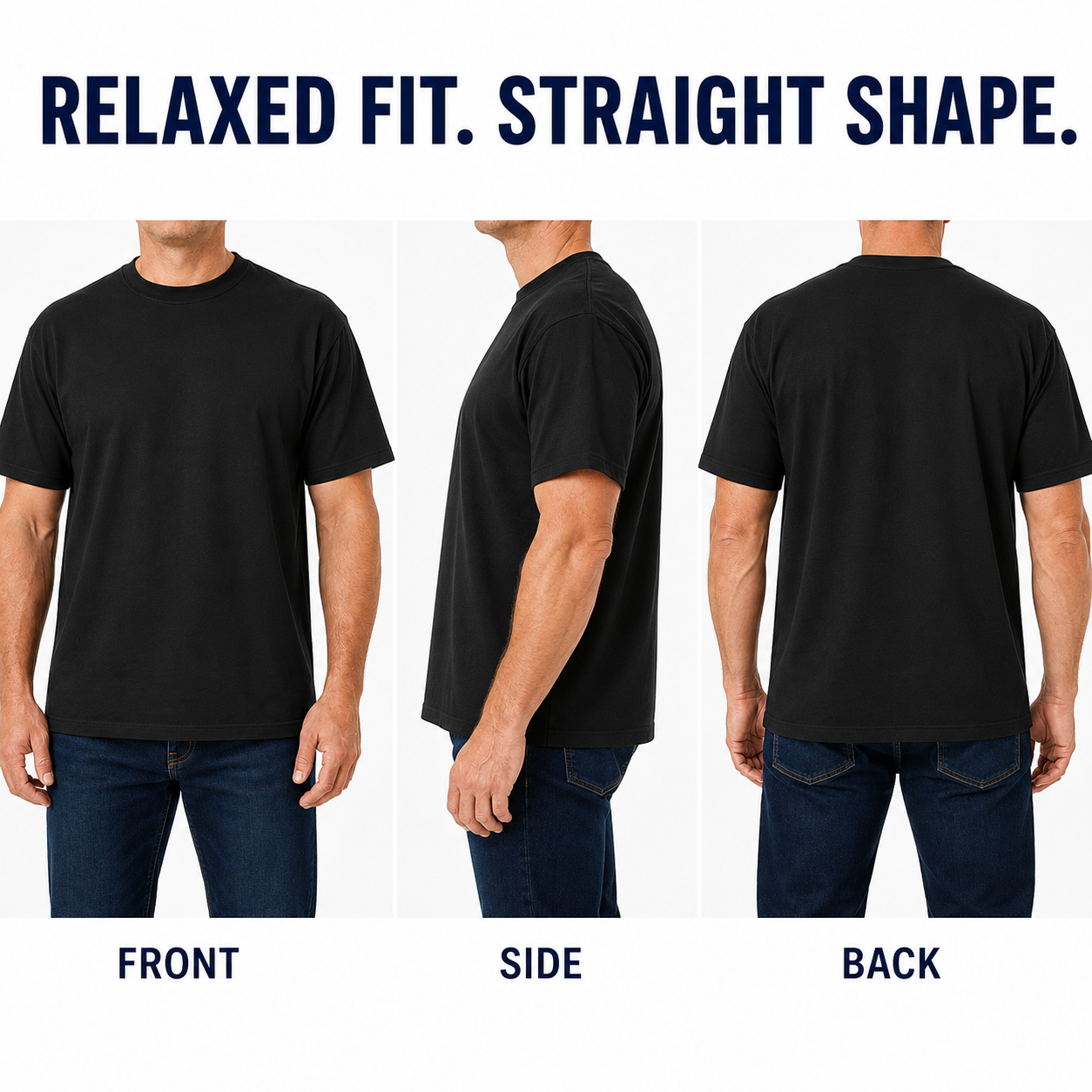 Black heavyweight relaxed crew-neck T-shirt faceless front side and back fit views