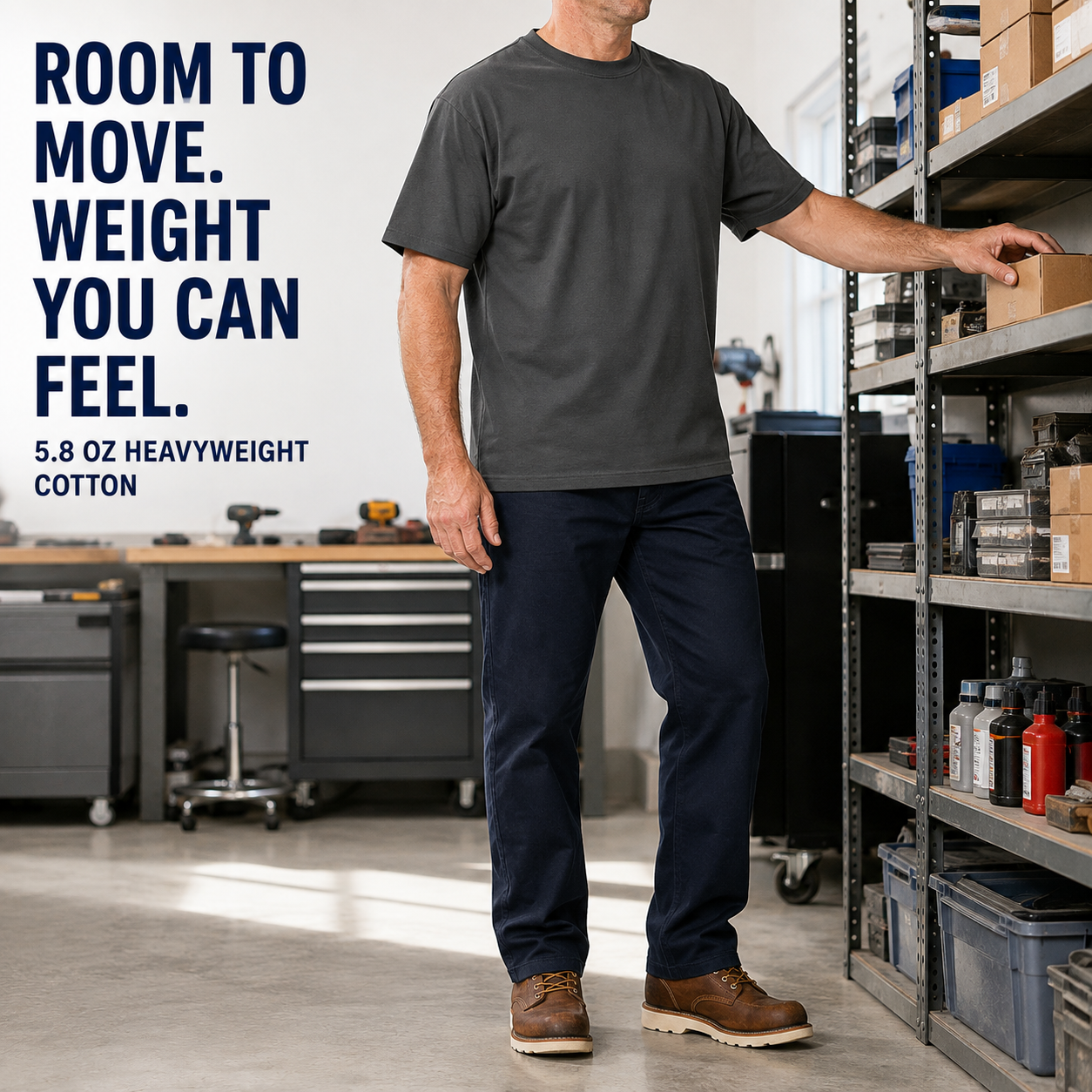 Charcoal heavyweight relaxed T-shirt in a casual workday setting