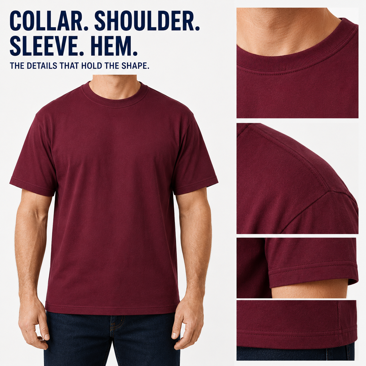 Burgundy heavyweight T-shirt collar shoulder sleeve and hem close views