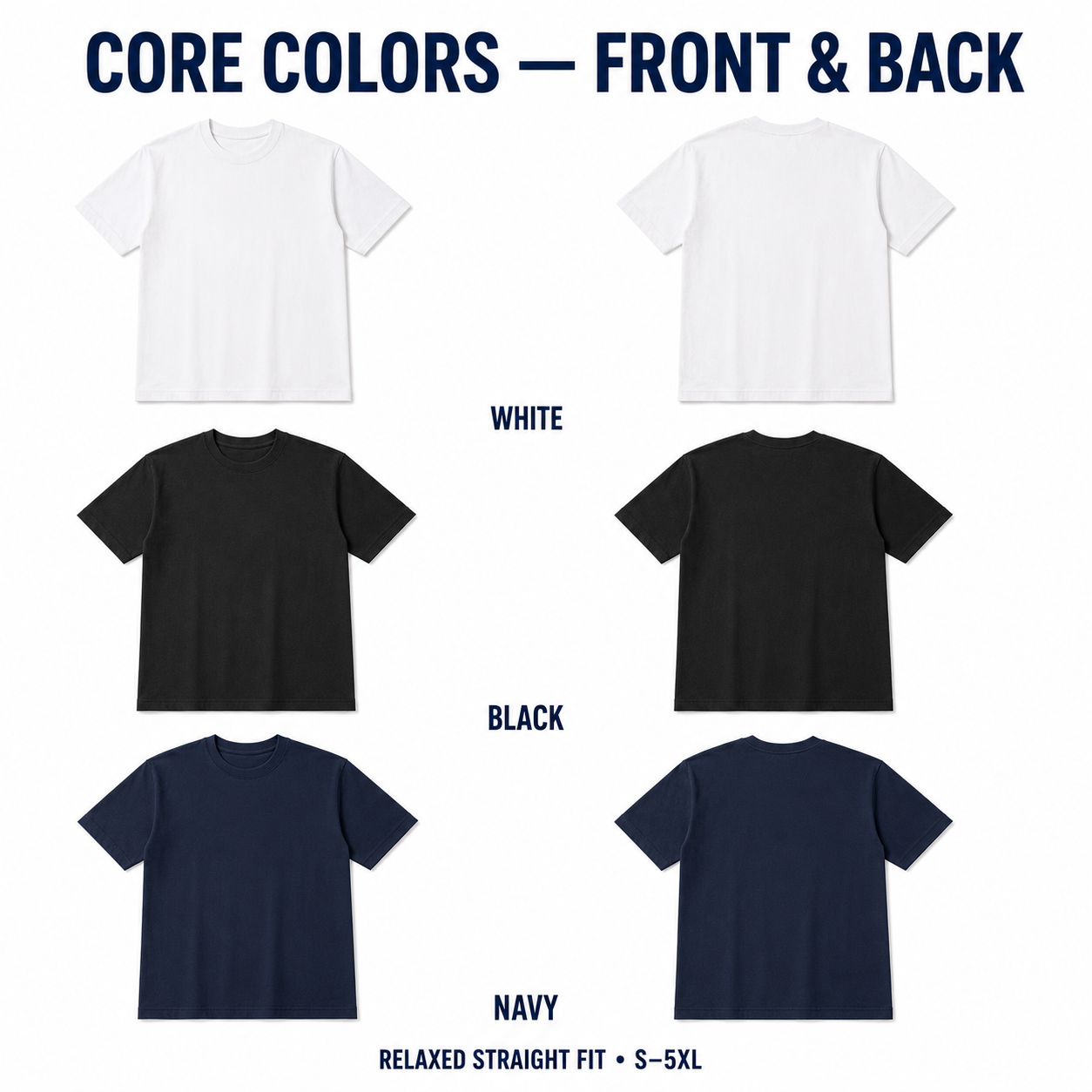 White black and navy heavyweight relaxed T-shirts front and back