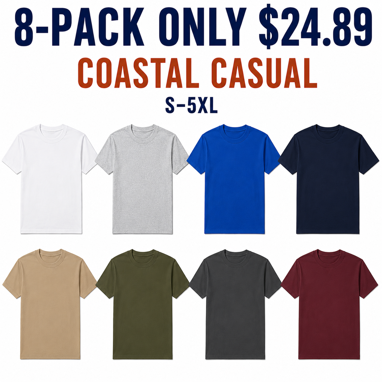 8-Pack Coastal Casual heavyweight crew-neck T-shirts — 8-PACK ONLY $24.89