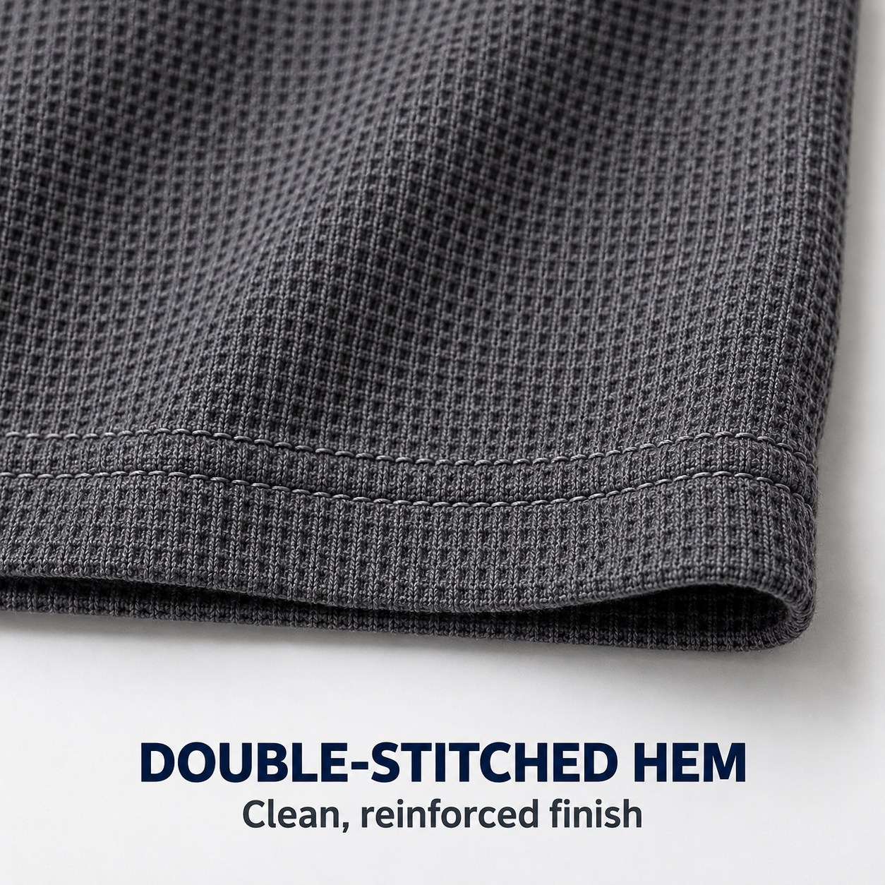 Dark Grey waffle-knit Henley double-stitched straight hem detail
