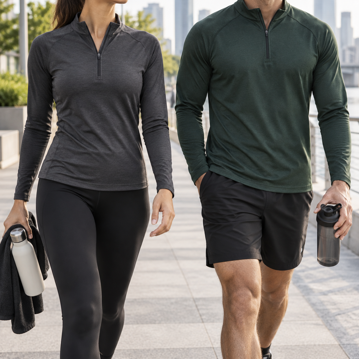Unisex mock-neck quarter-zip top worn for active everyday movement
