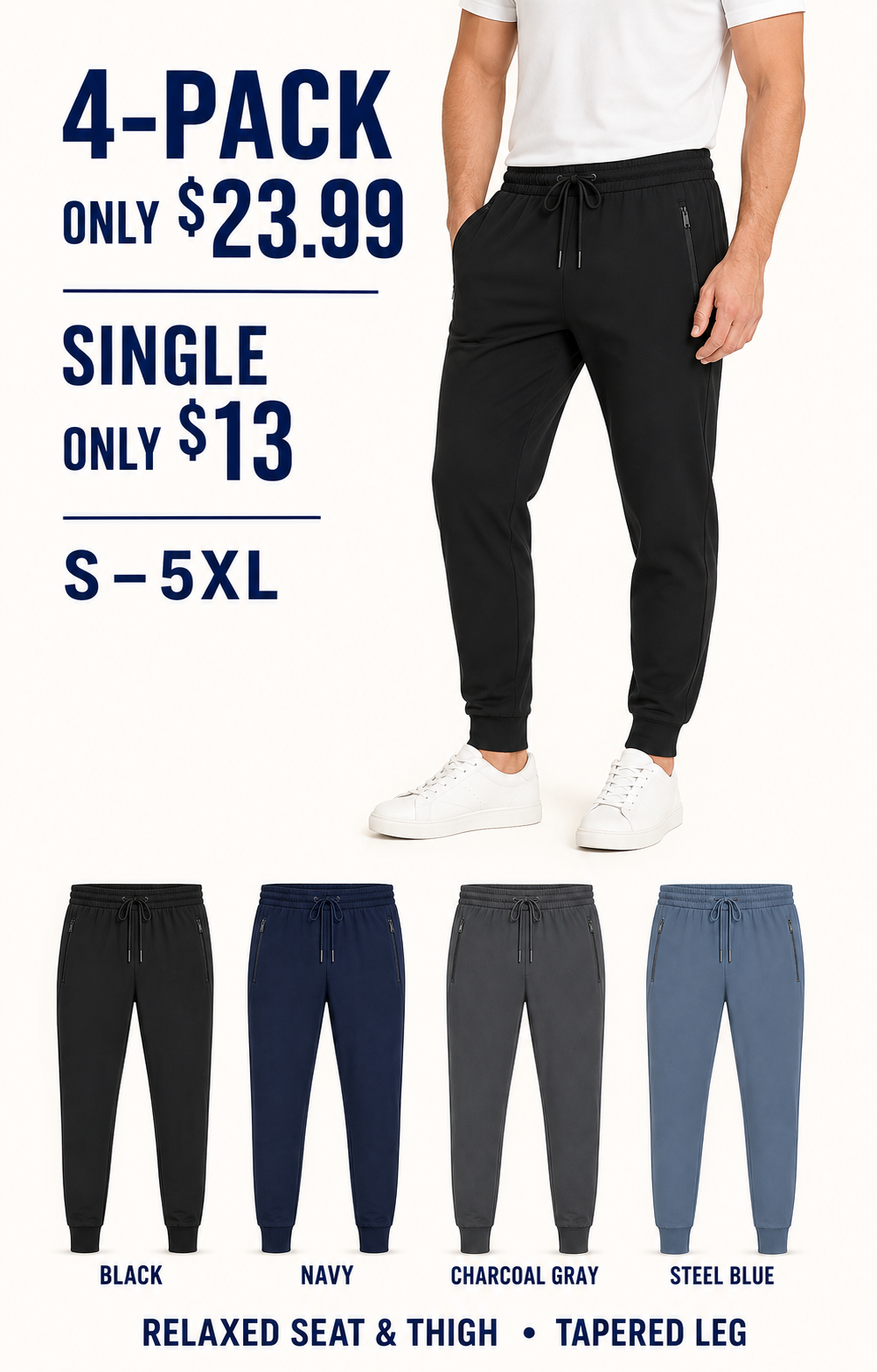 Four-color jogger pants value and relaxed-to-tapered fit