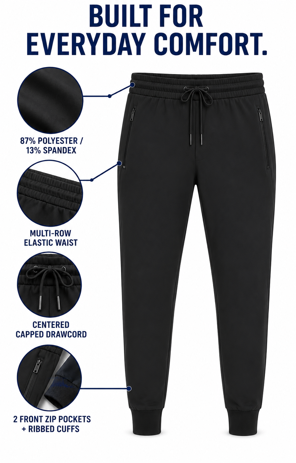 Jogger pants smooth stretch fabric waistband zipper pockets and ribbed cuffs
