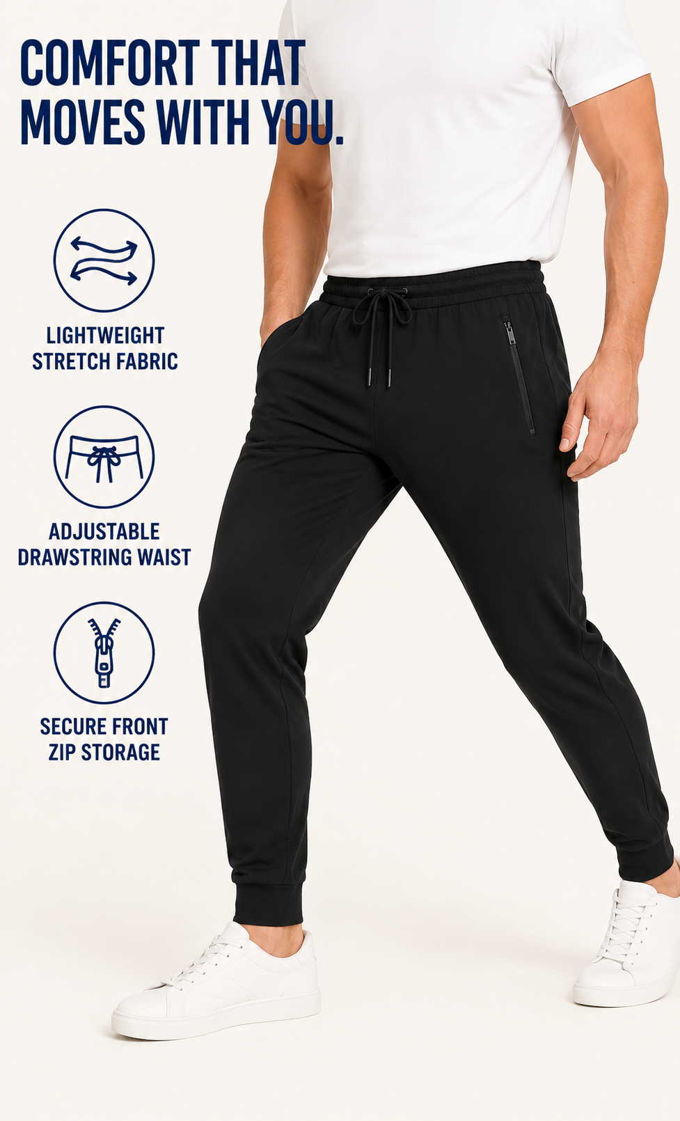 Adjustable waistband two secure zipper pockets and flexible movement