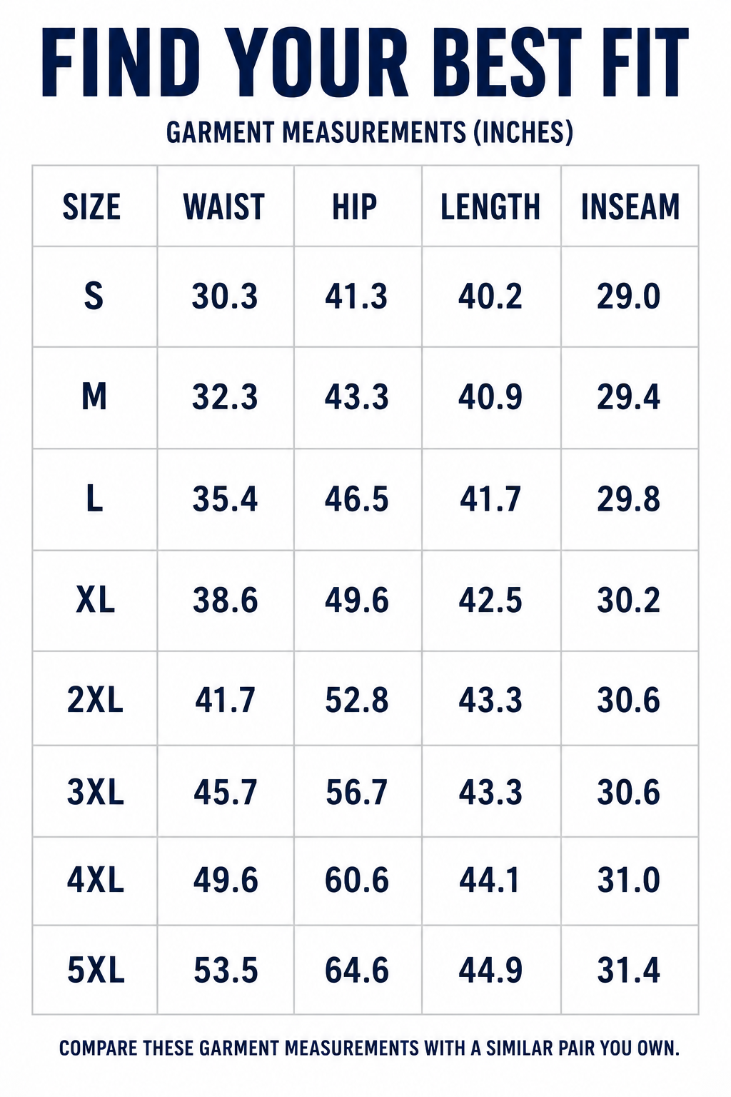 Jogger pants garment measurement chart sizes S through 5XL