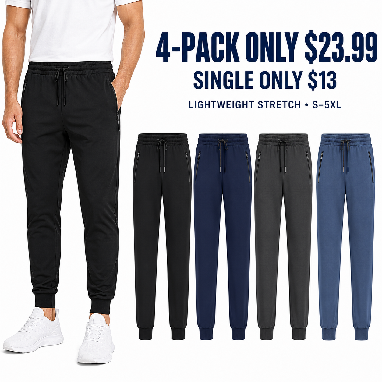 Men's lightweight stretch tapered jogger pants 4-pack and singles