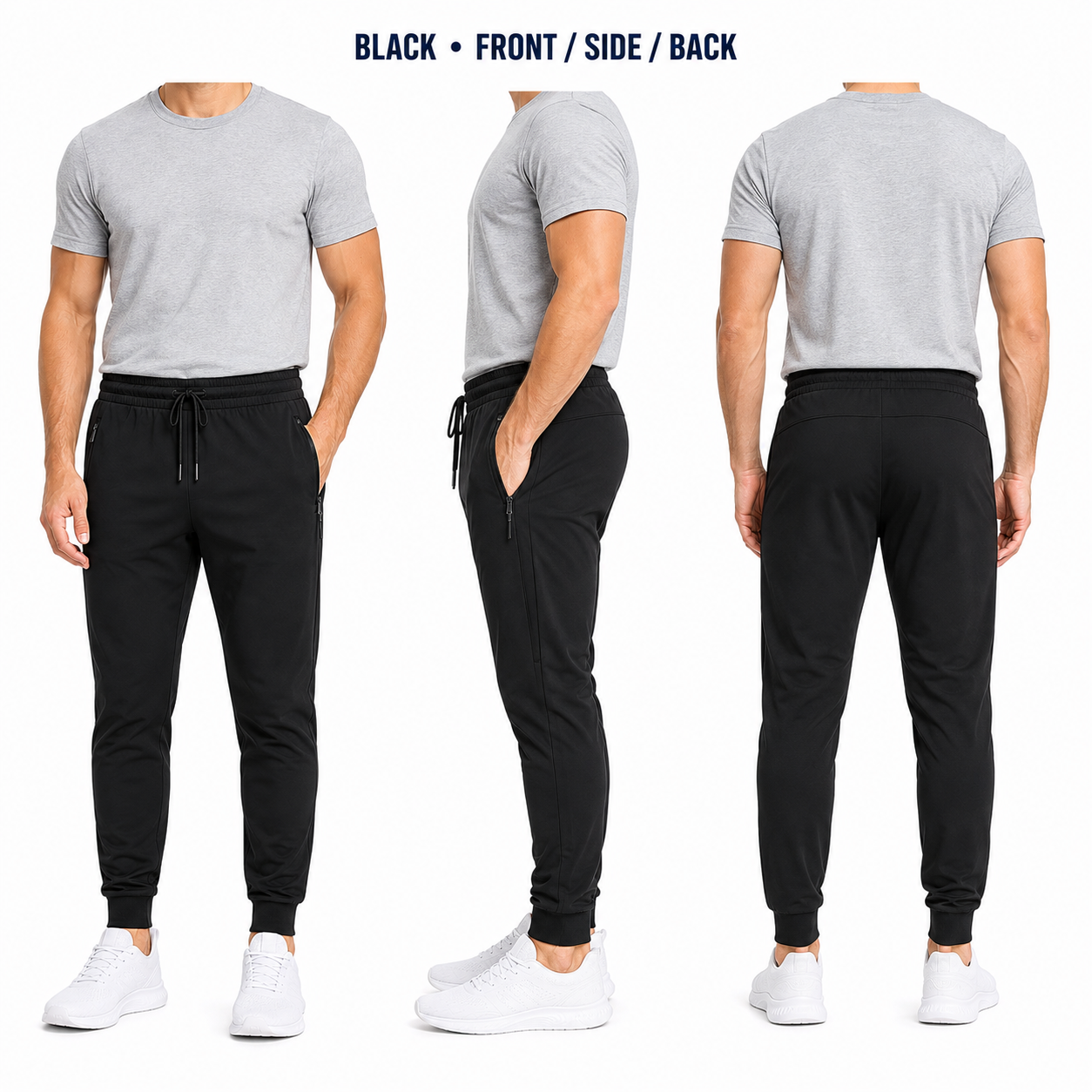 Black tapered jogger pants faceless front side and back fit views