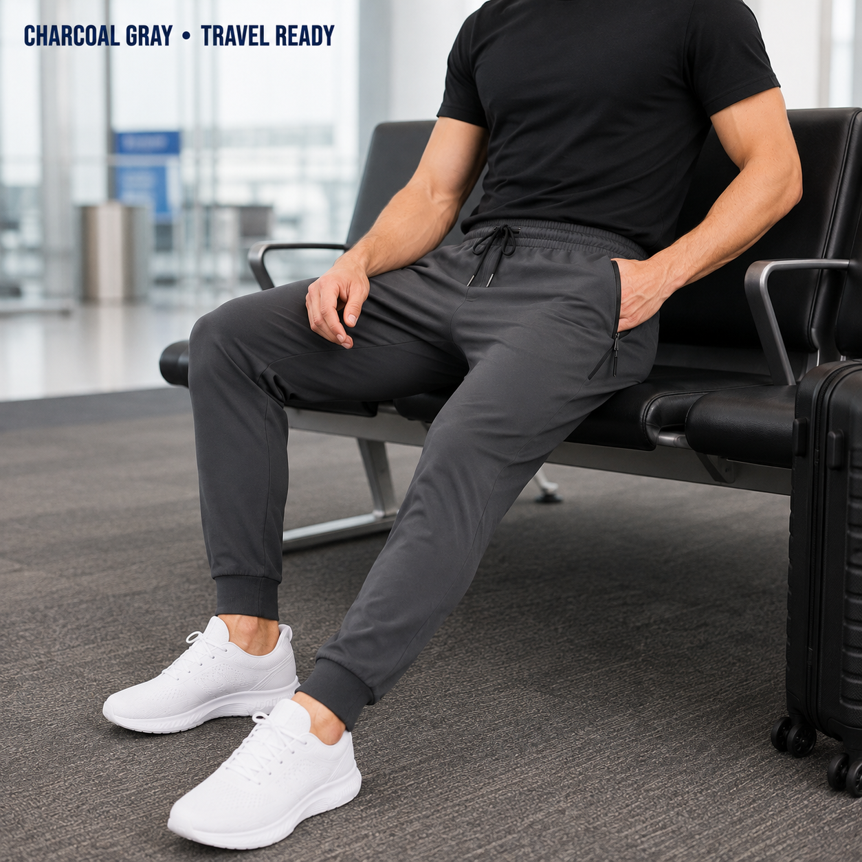 Charcoal gray tapered jogger pants for comfortable travel