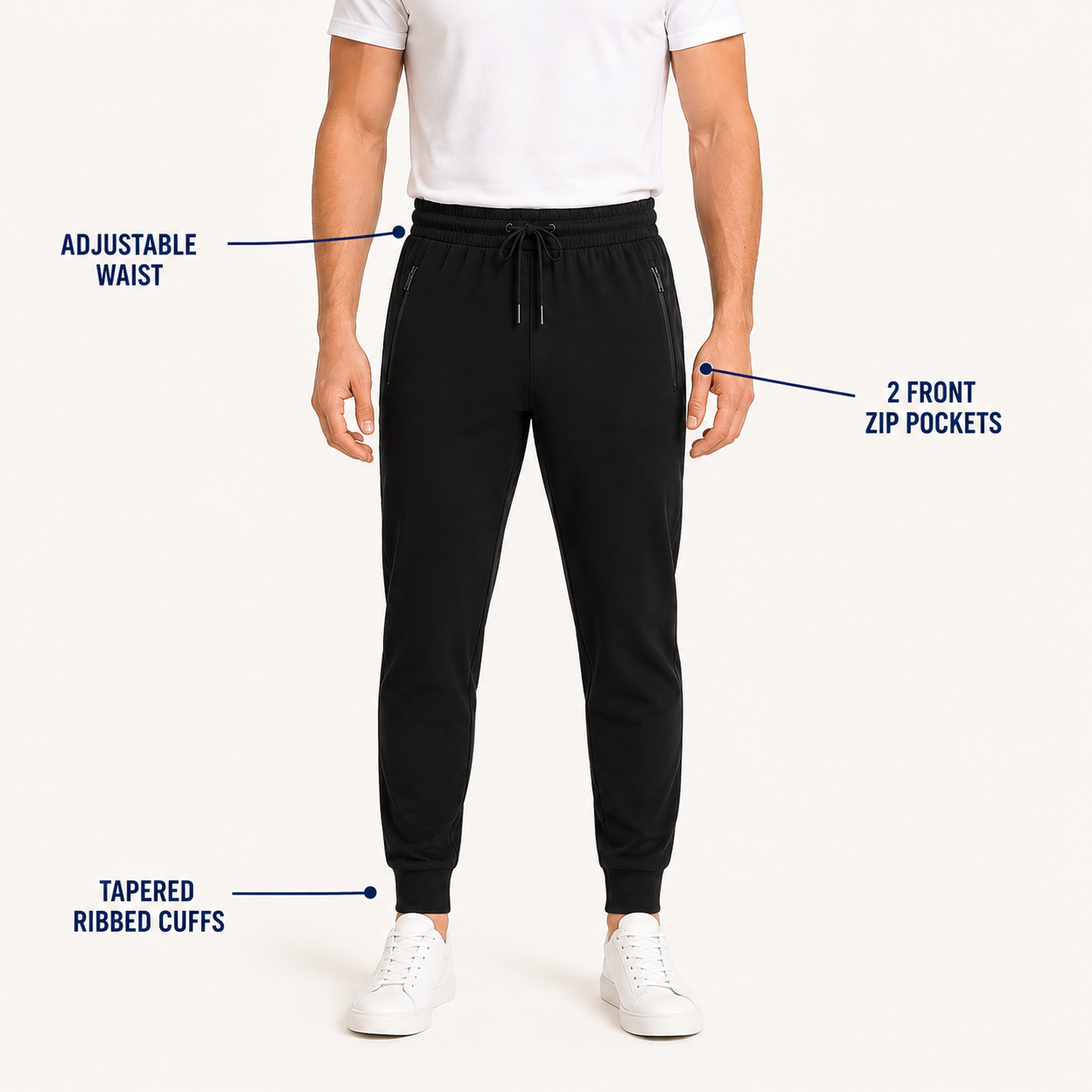 Black jogger pants close fit view with adjustable waist two zip pockets and ribbed cuffs