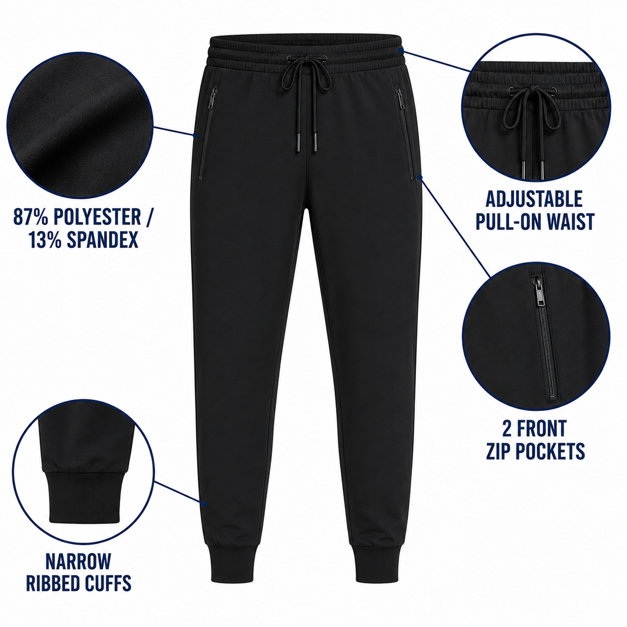 Jogger pants fabric waistband zipper pocket seams and ribbed cuff construction