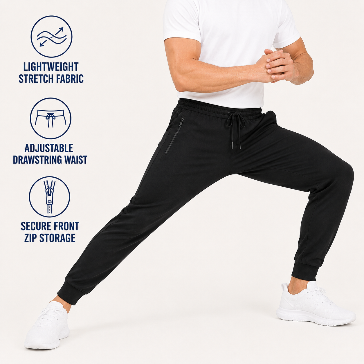 Lightweight stretch jogger pants with adjustable waist secure pockets and tapered fit