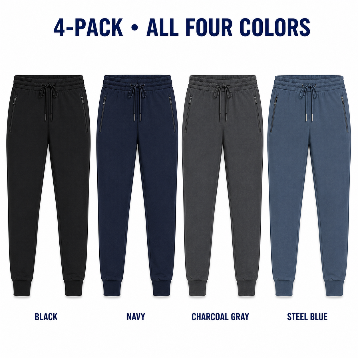 4-Pack All Colors lightweight tapered jogger pants in black navy charcoal and steel blue