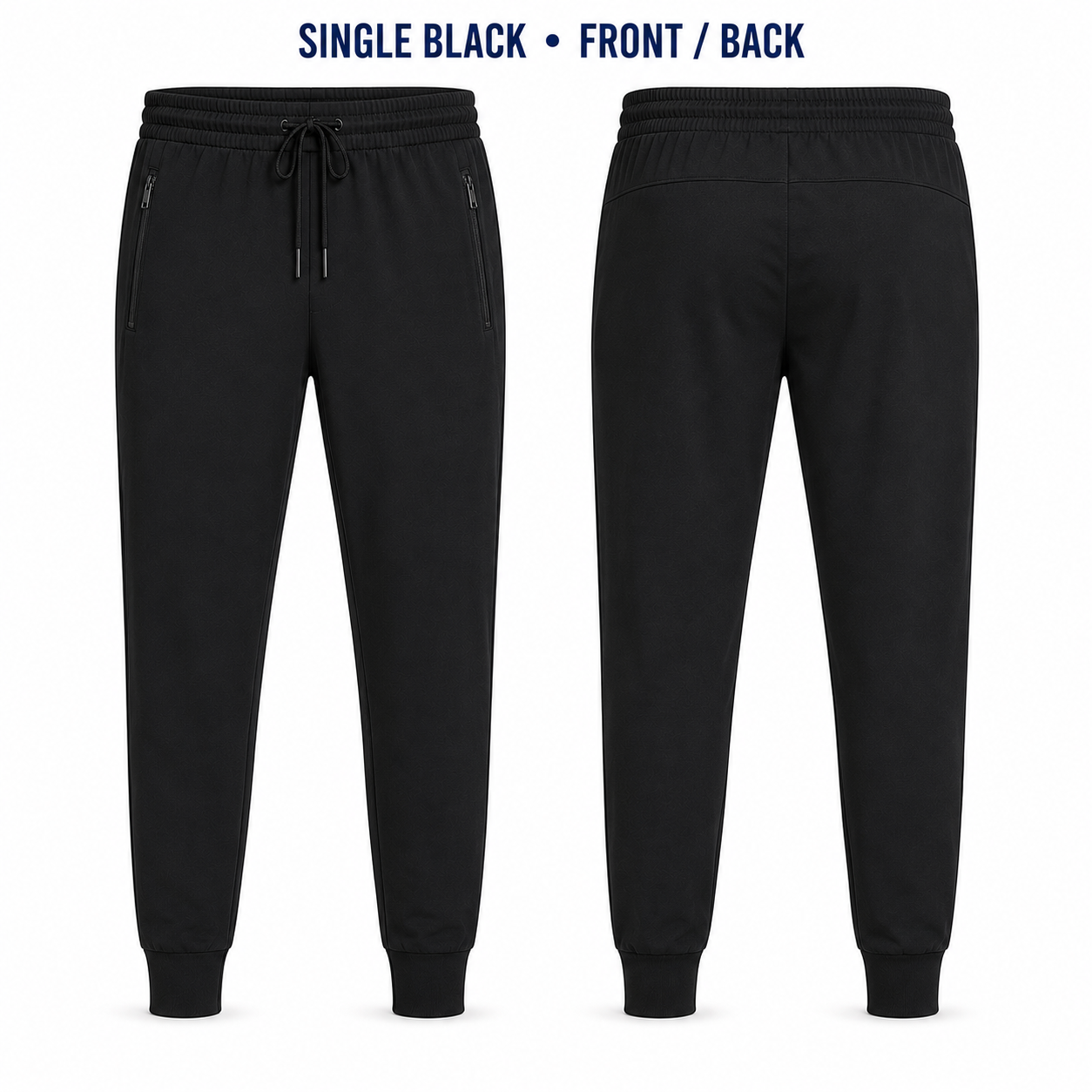 Single Black lightweight tapered jogger pants front and back