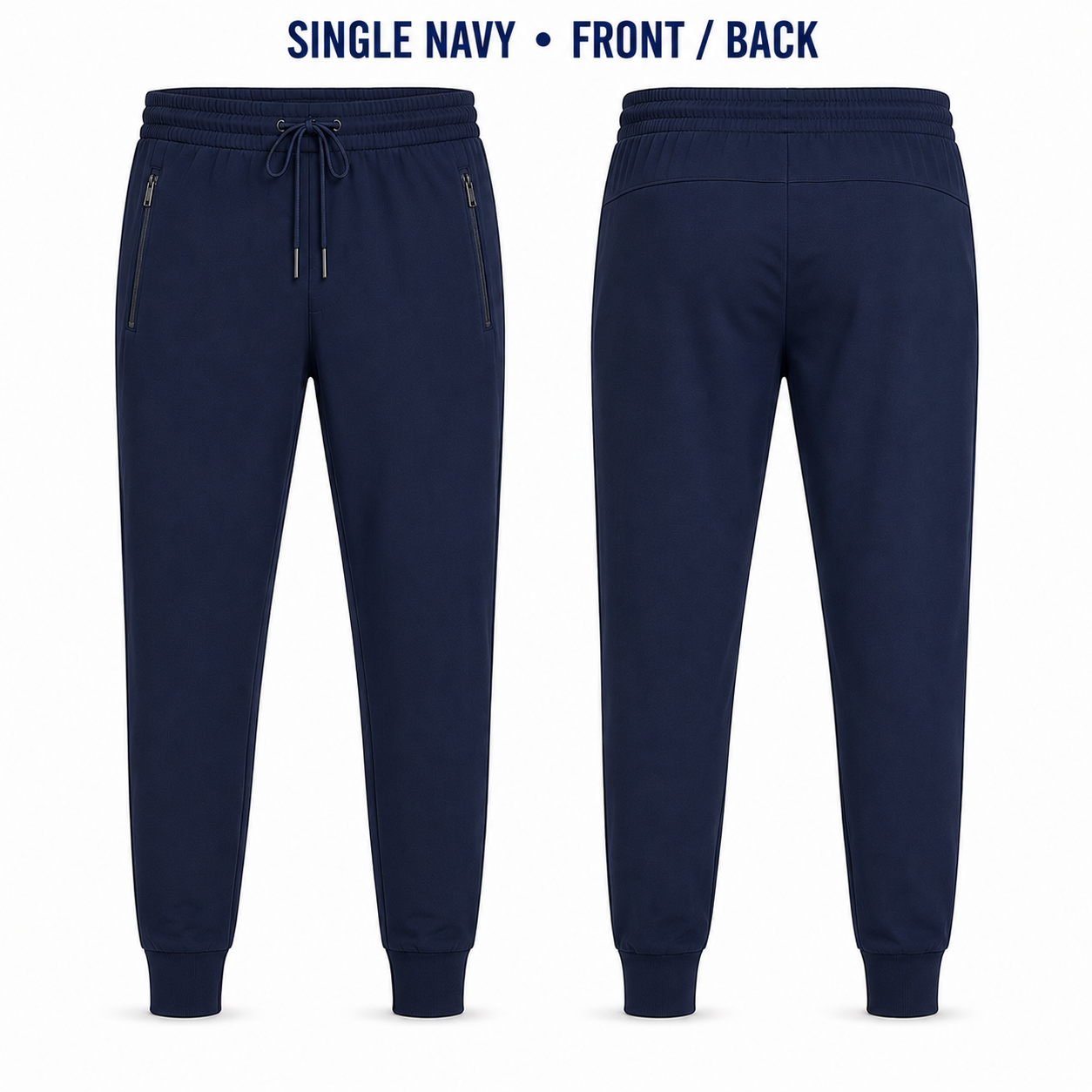 Single Navy lightweight tapered jogger pants front and back
