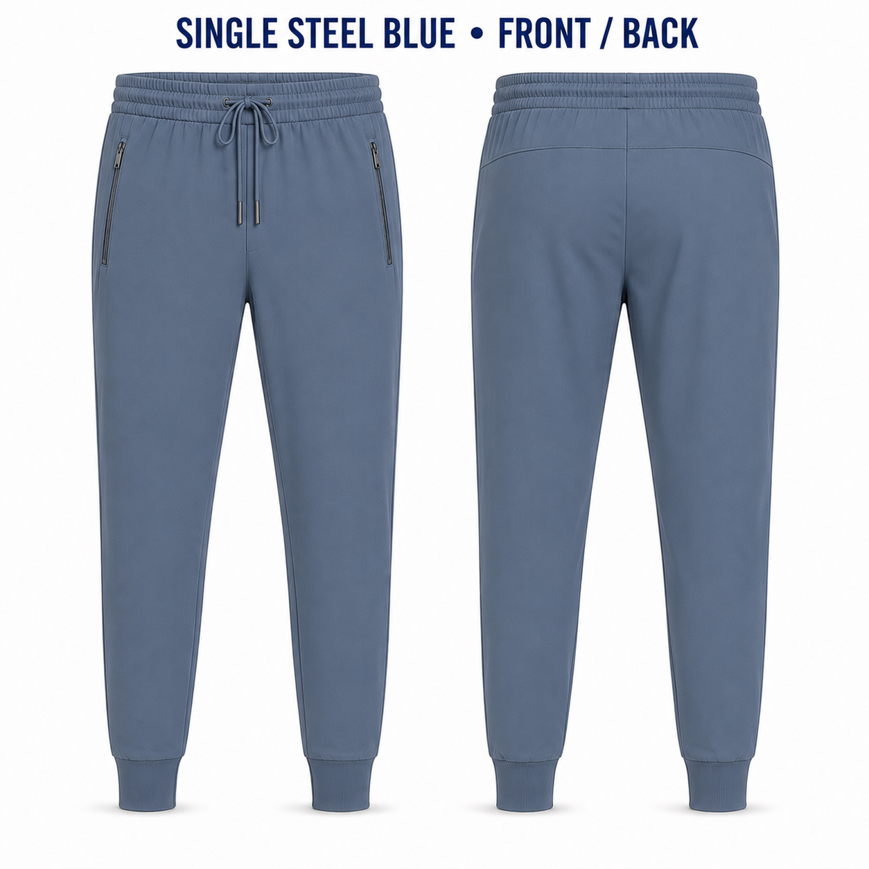 Single Steel Blue lightweight tapered jogger pants front and back