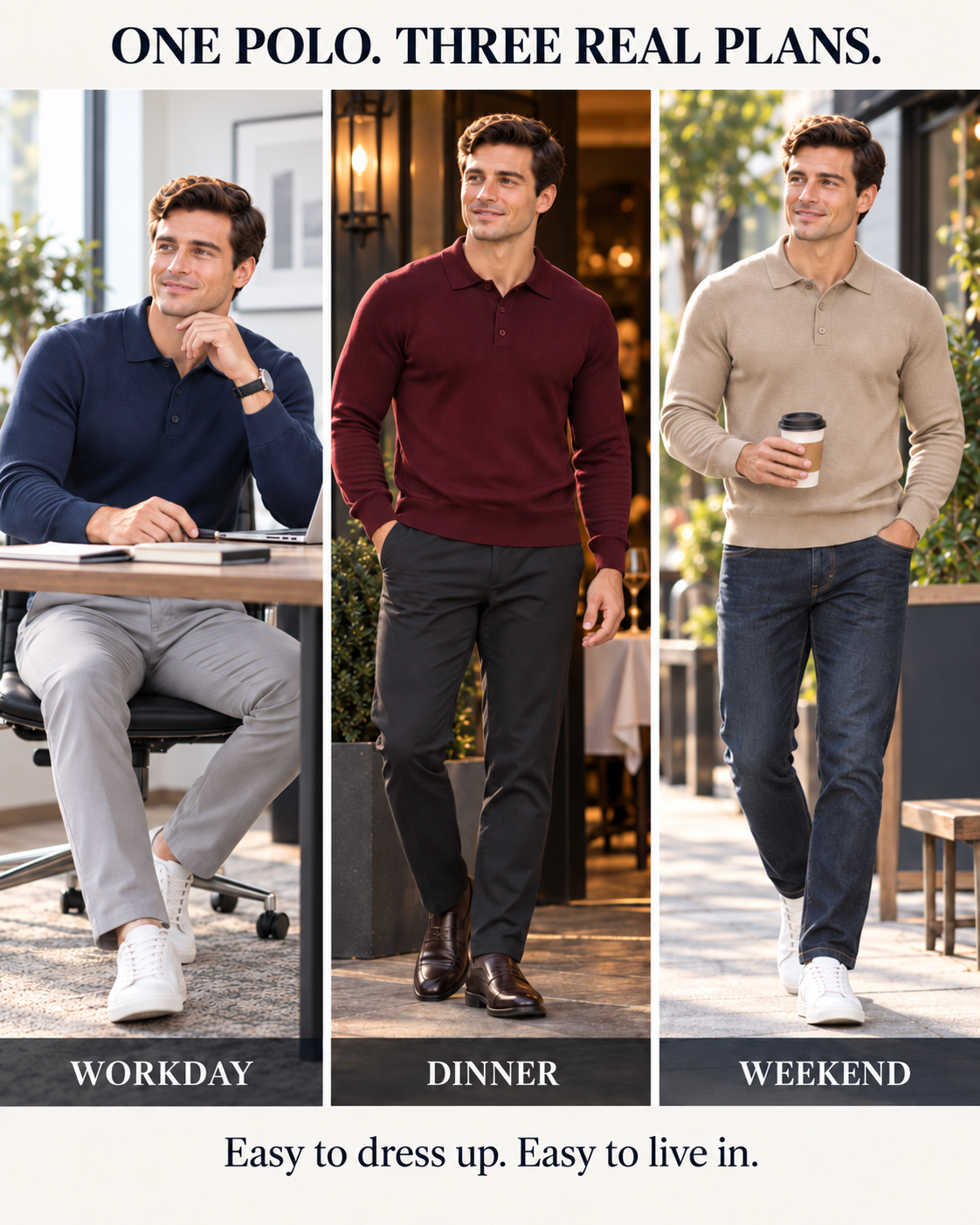 Ribbed knit polos for workday dinner and weekend plans