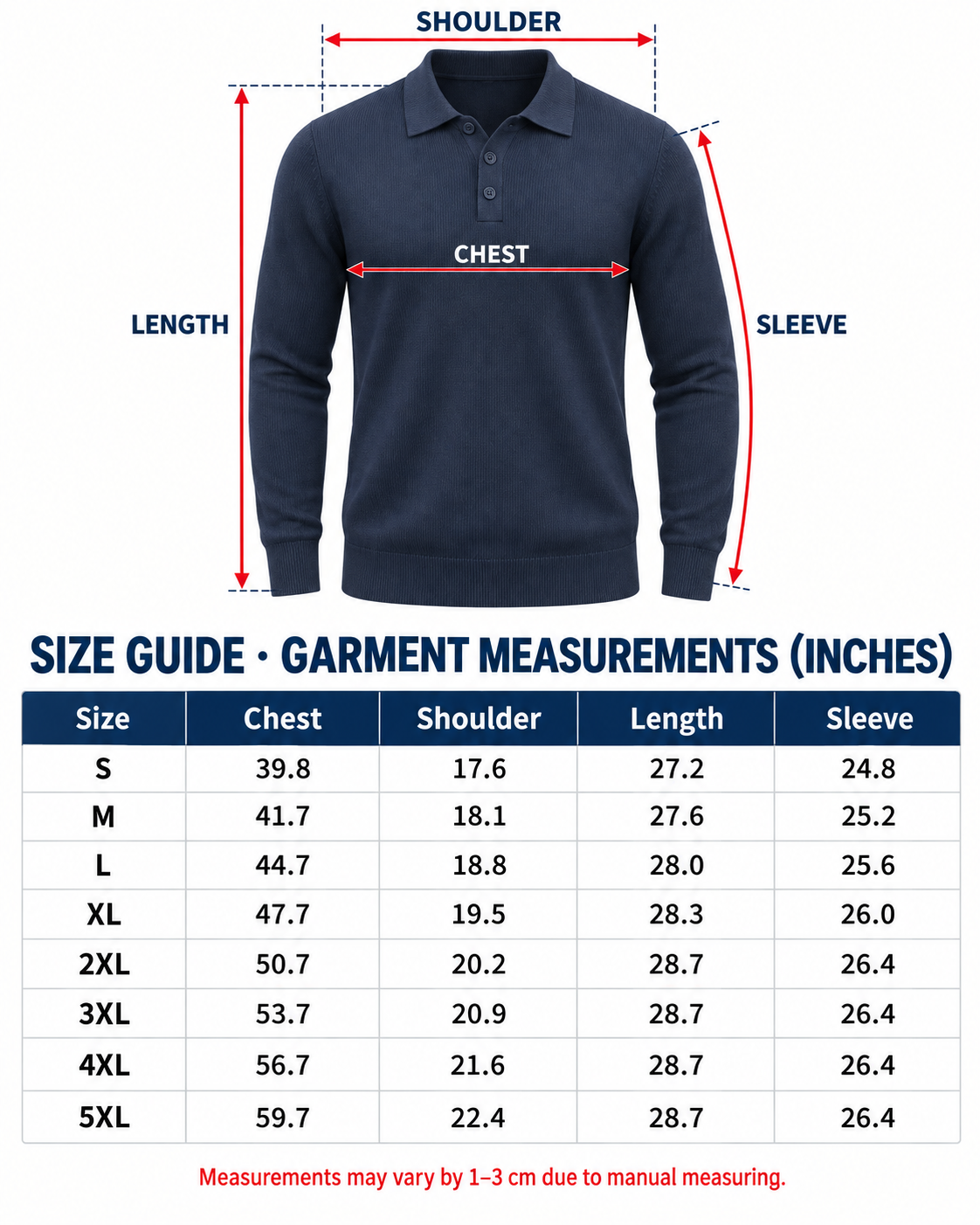 Ribbed knit long sleeve polo size guide S through 5XL