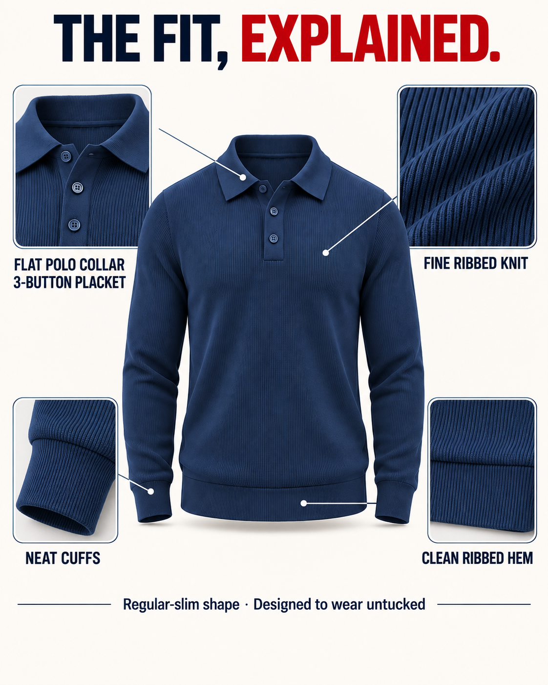 Polo collar placket ribbed knit cuff and hem details
