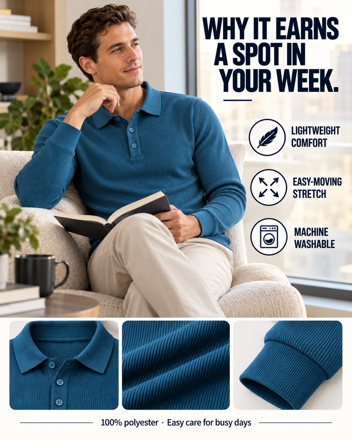 Lightweight comfort stretch and machine washable care