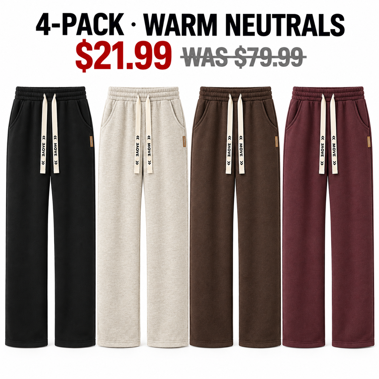 Warm Neutrals four-pack of men's straight-leg drawstring pants, $21.99