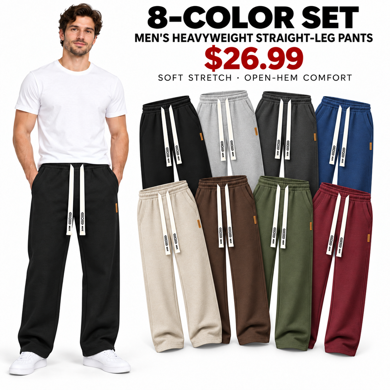 Men's heavyweight straight-leg pants in all eight colors, 8-Pack, $26.99