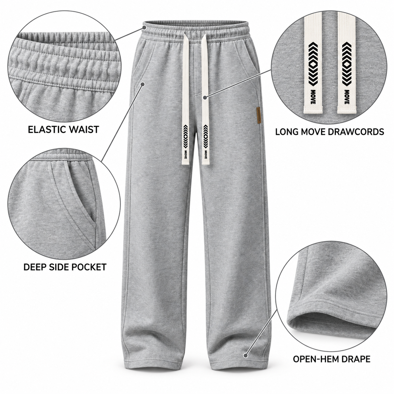 Heather Grey pants with four magnified details: elastic waist, MOVE drawcords, side pocket and open hem