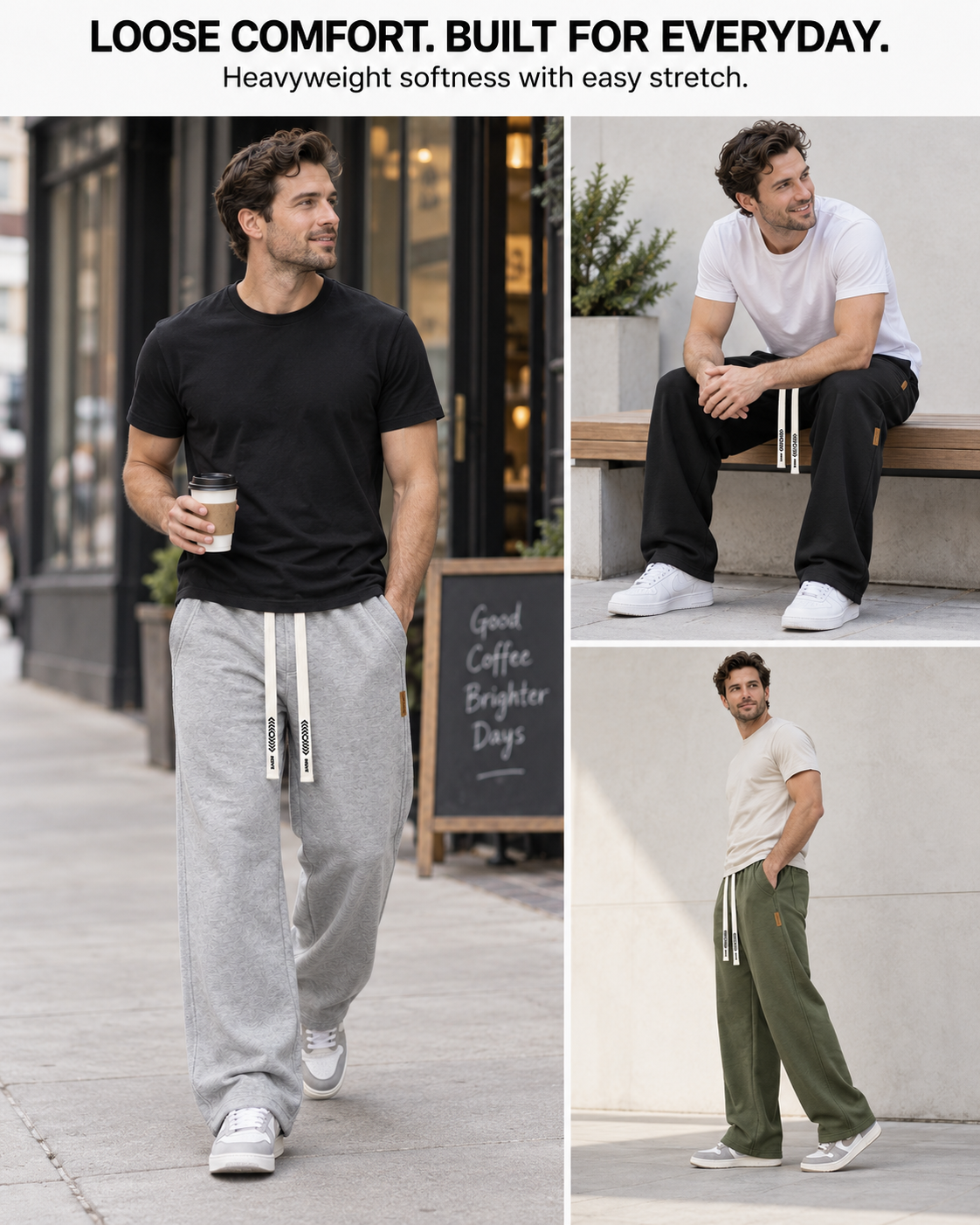 Loose comfort lifestyle overview in three everyday moments