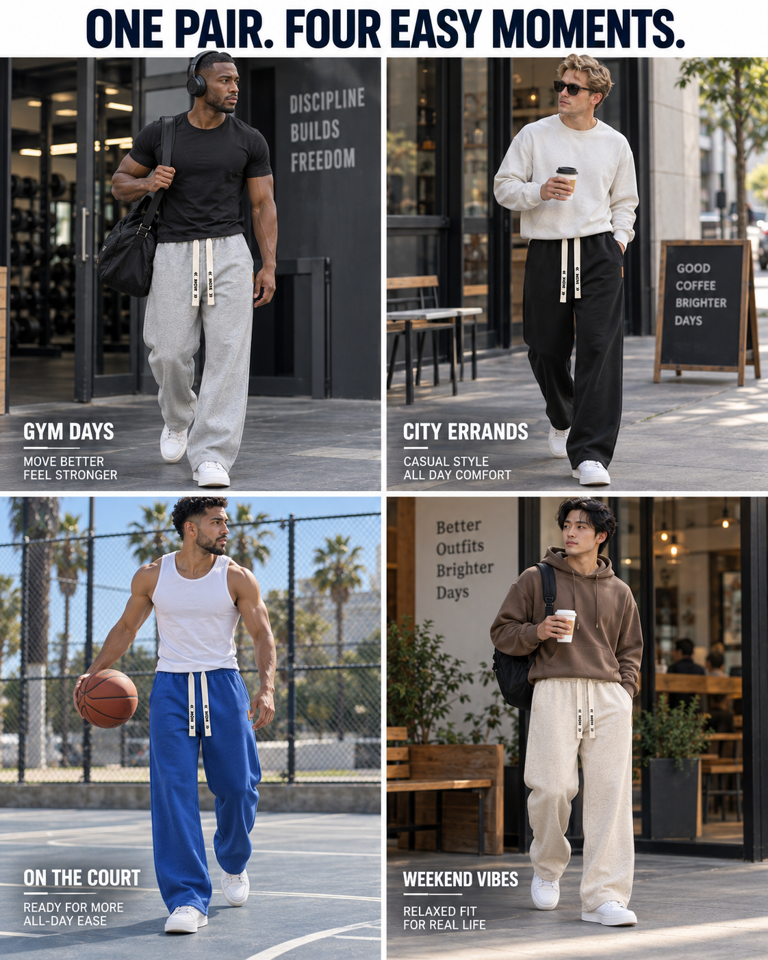Four different men wearing the pants for gym, errands, basketball and weekend moments