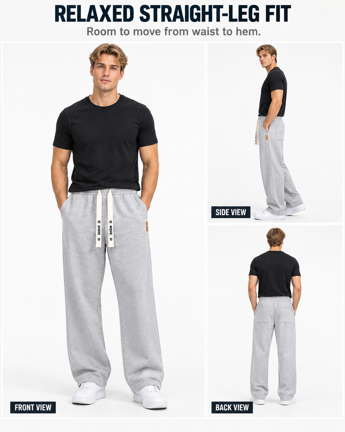 Heather Grey pants front, side and back fit views