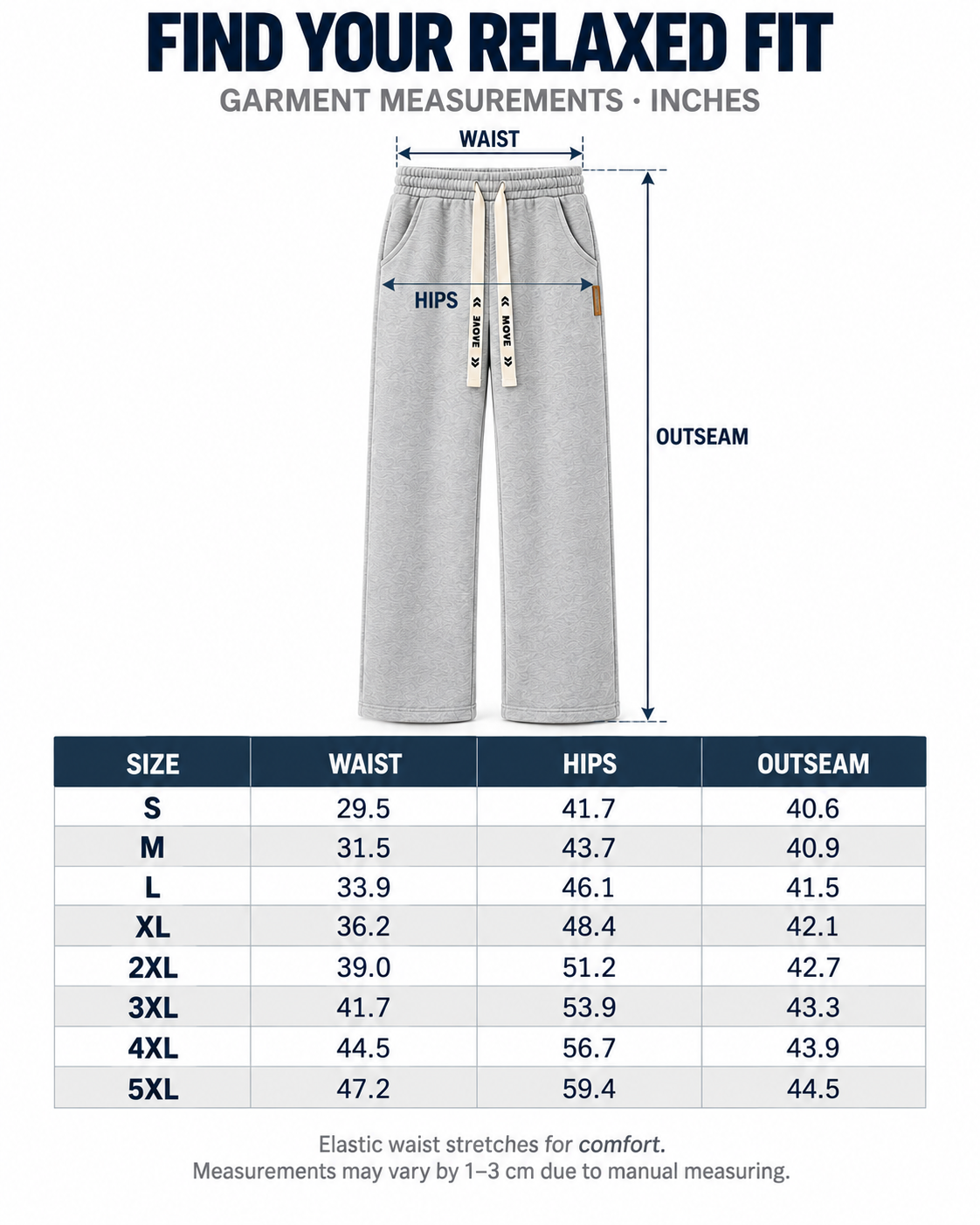 S to 5XL garment measurement size chart in inches