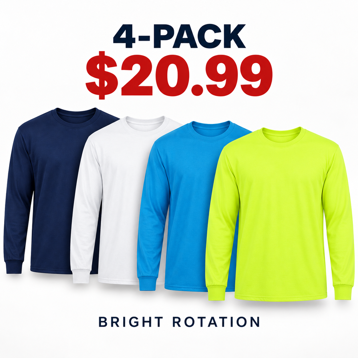 Four men's long-sleeve T-shirts in Navy, White, Sapphire Blue and Safety Green, 4-Pack, $20.99
