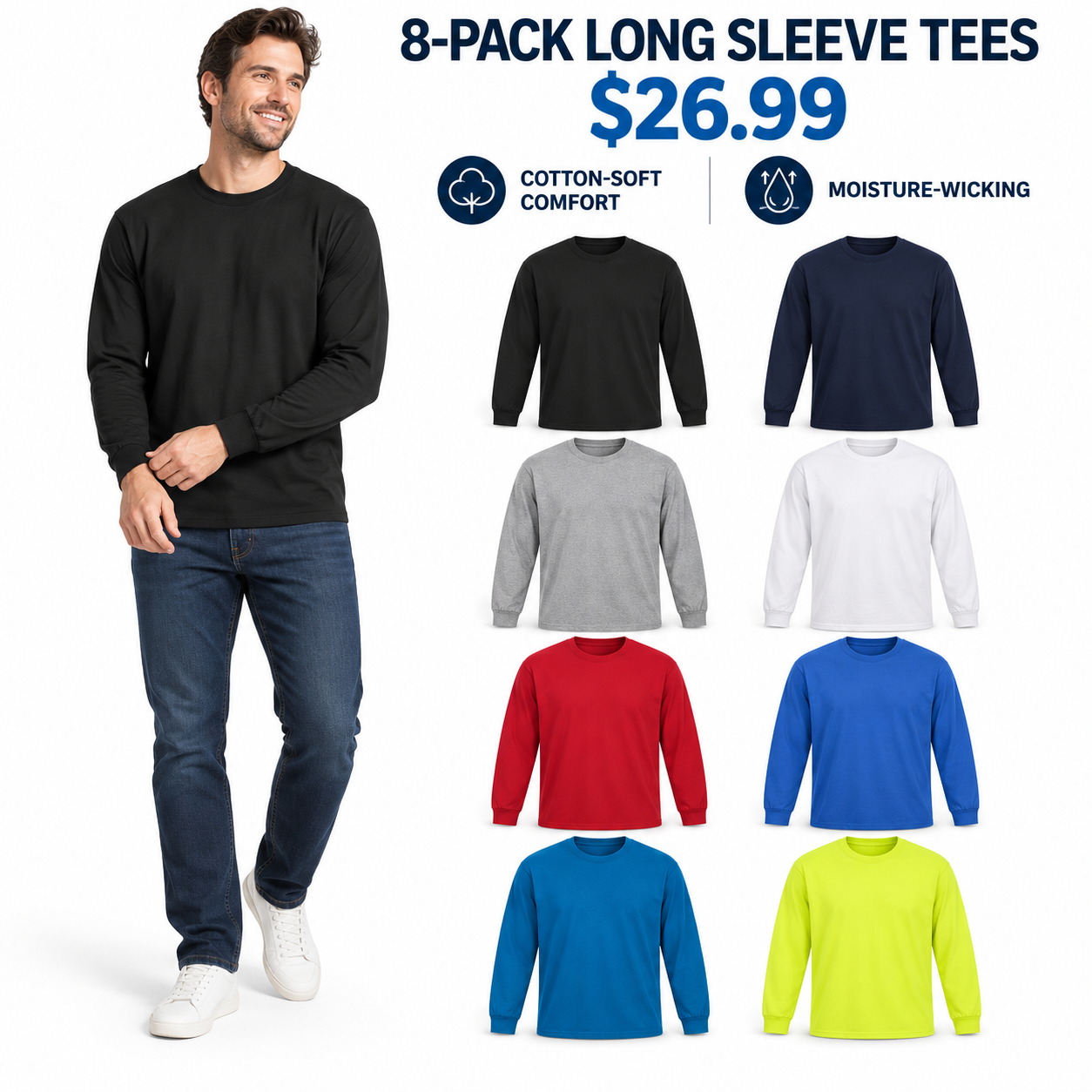 Eight men's long-sleeve T-shirts in all eight colors, 8-Pack, $26.99