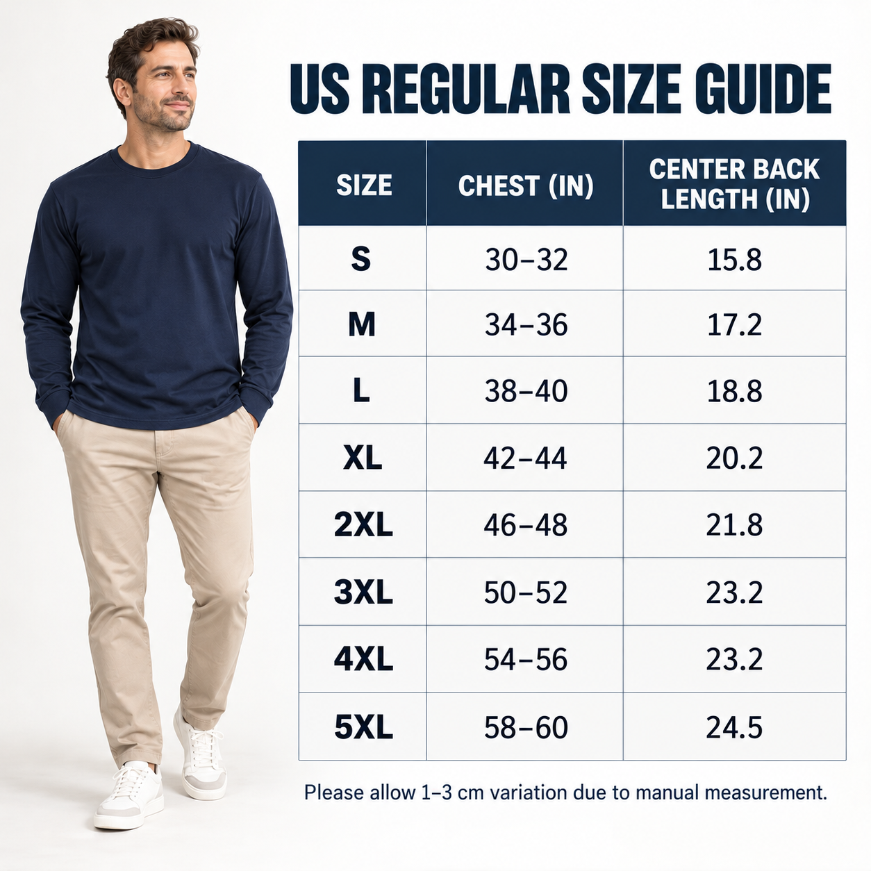US Regular size guide from S through 5XL