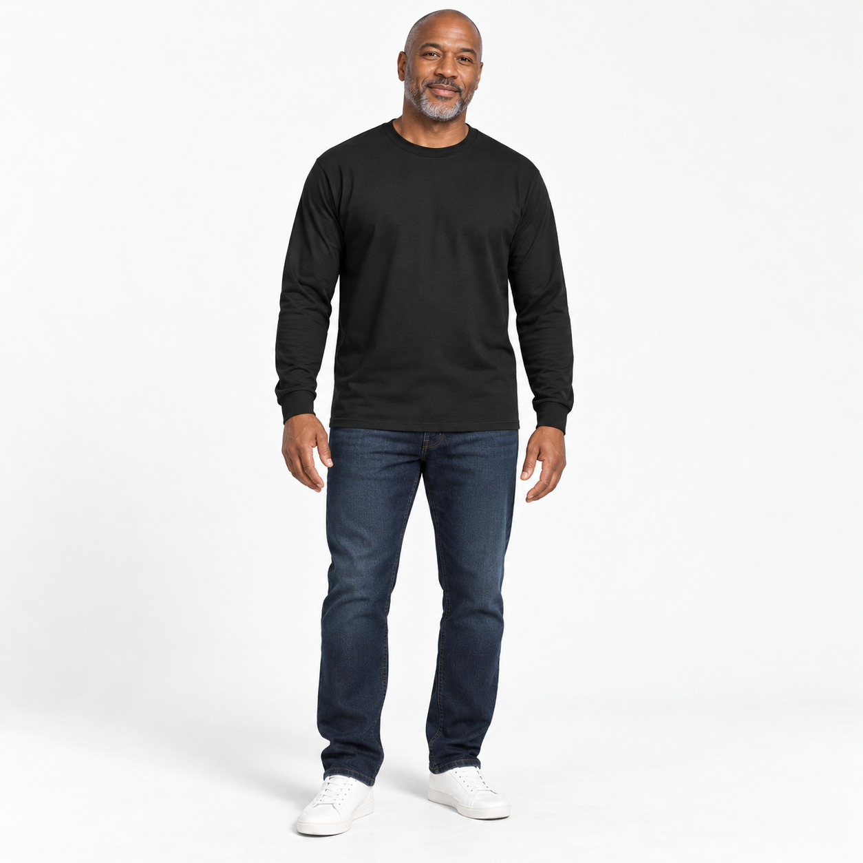 Man wearing the Black long-sleeve crewneck T-shirt, studio front view