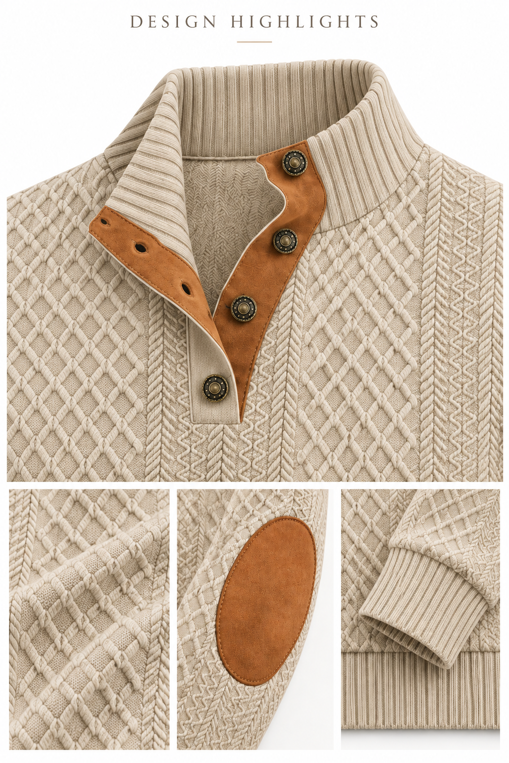 Collar and metal buttons, jacquard, elbow patch, ribbed cuff and hem