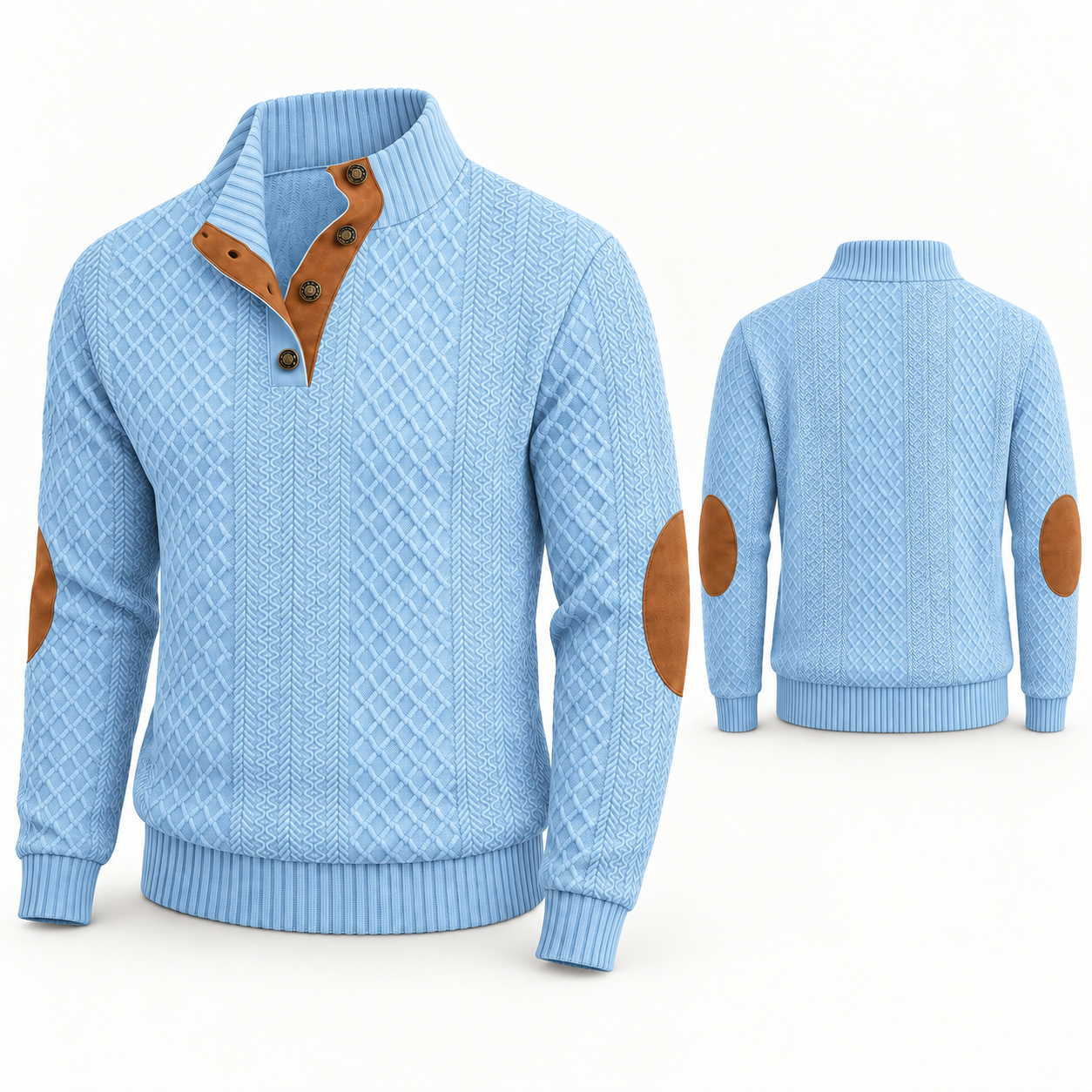 Light Blue metal-button jacquard sweater, complete front and back views, no price