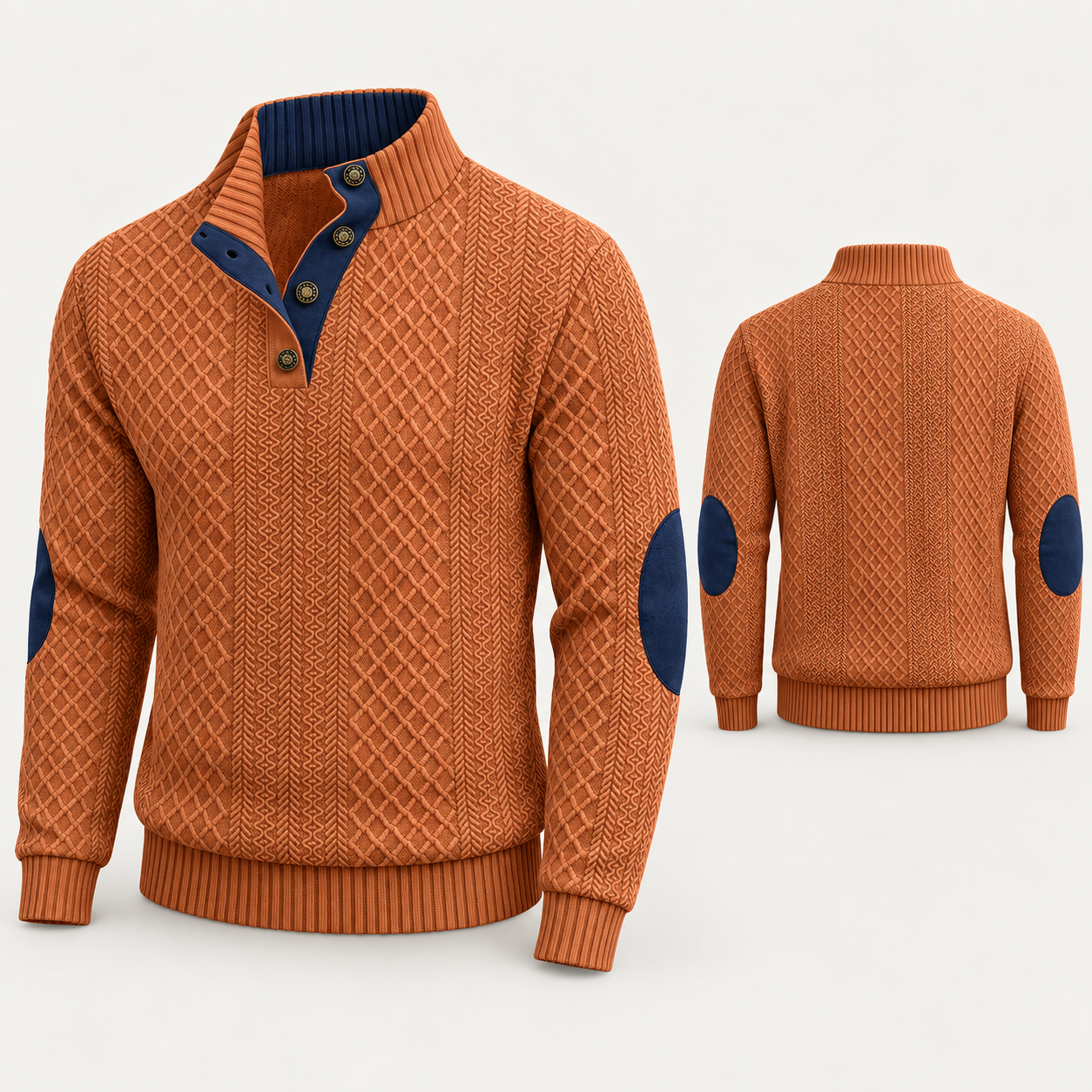 Rust Orange metal-button jacquard sweater with navy contrast, complete front and back views, no price