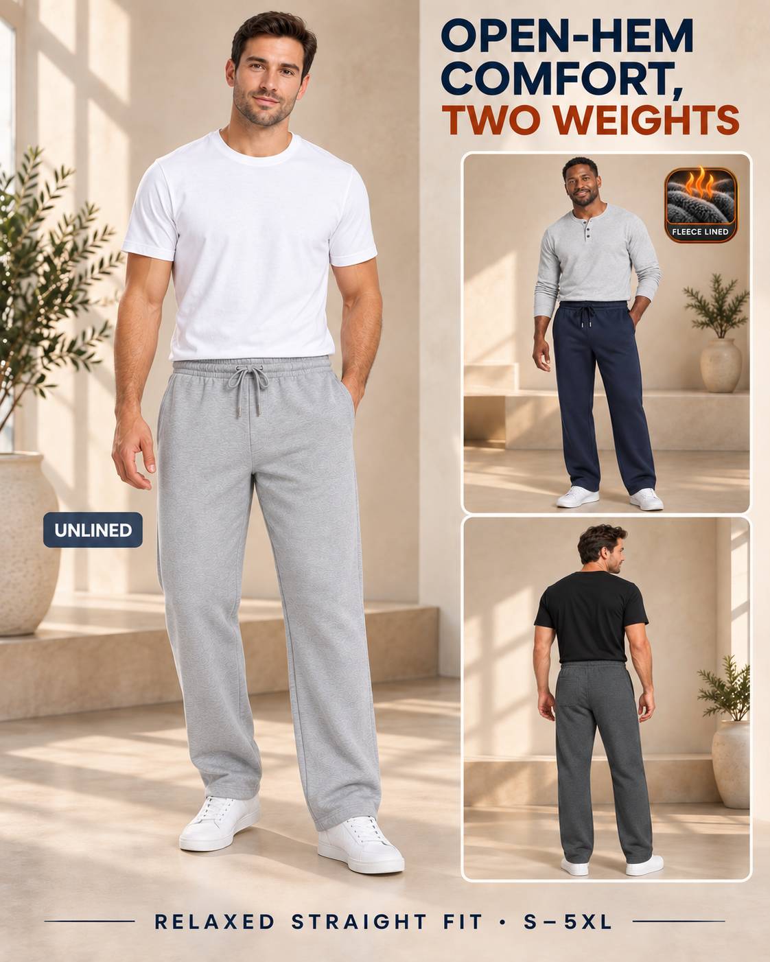 Men's open-hem sweatpants in authentic unlined and fleece-lined try-on photography