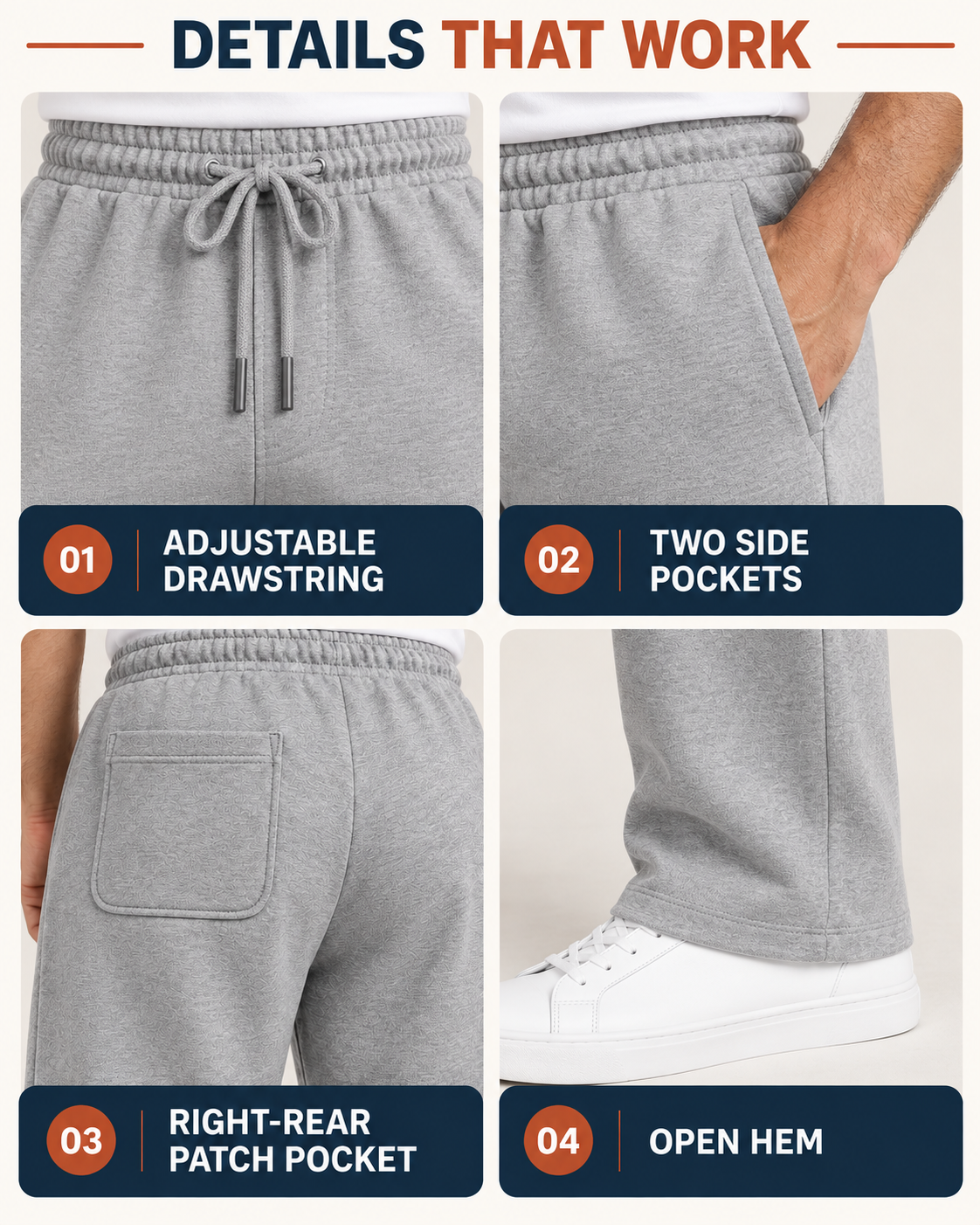 Photoreal drawstring, side pockets, right-rear patch pocket and open-hem construction
