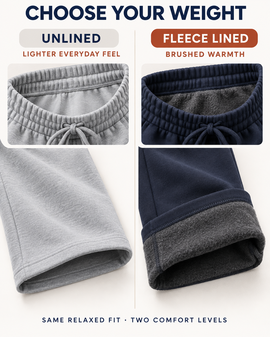 Unlined and brushed fleece-lined interior comparison