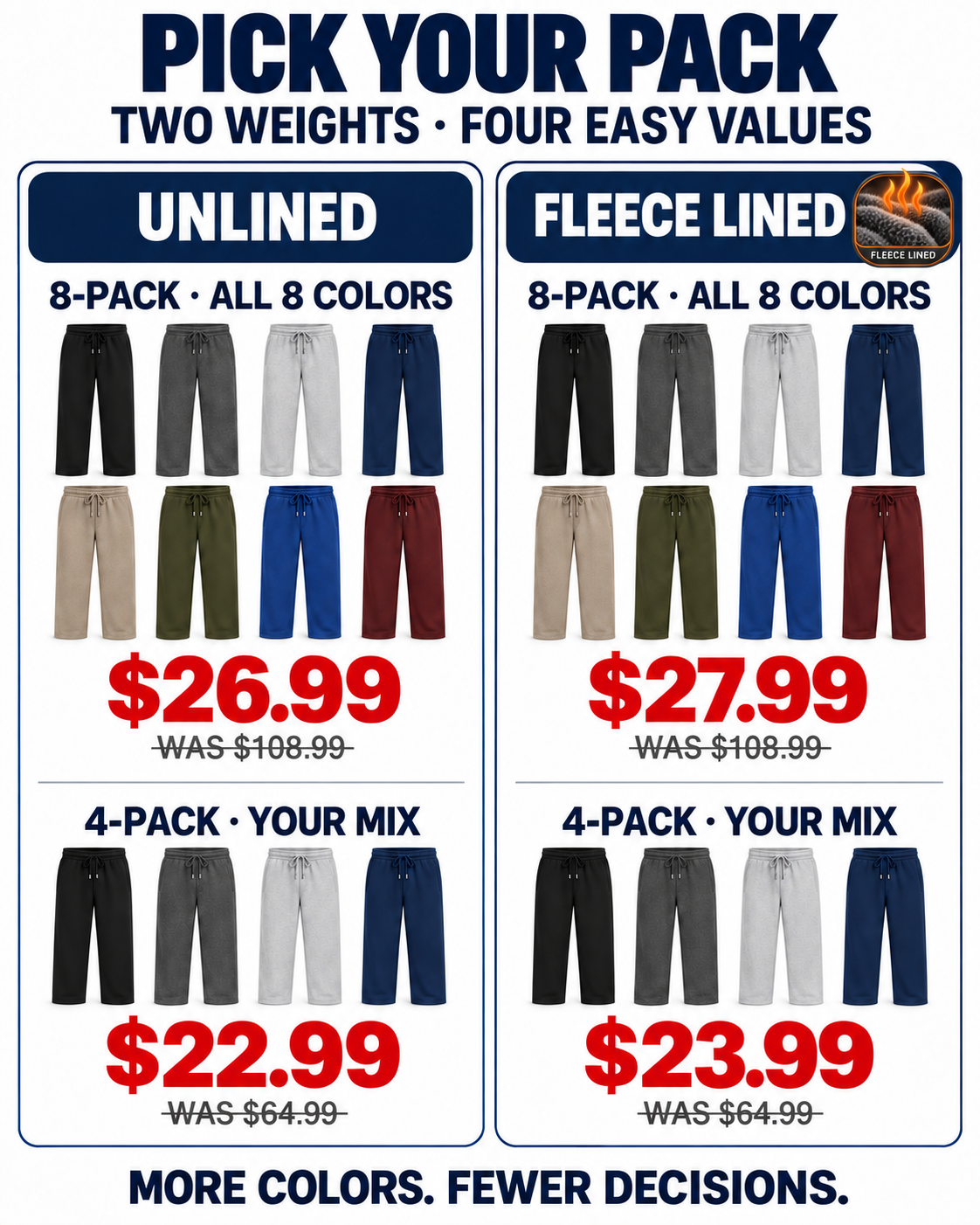 Unlined and fleece-lined 8-Pack and 4-Pack value options