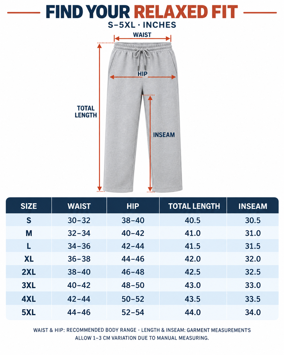 Men's sweatpants S to 5XL size guide in inches